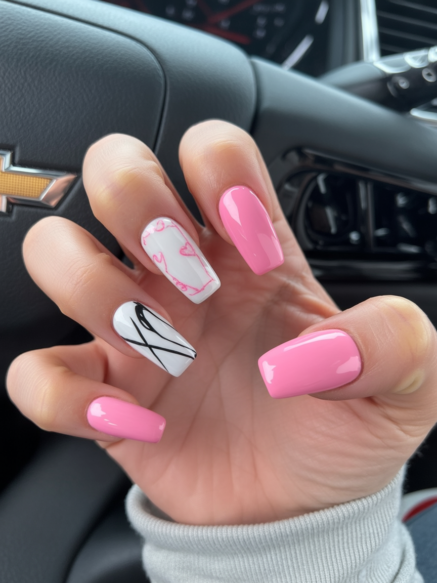 Pink And White Heart Art Coffin Nails