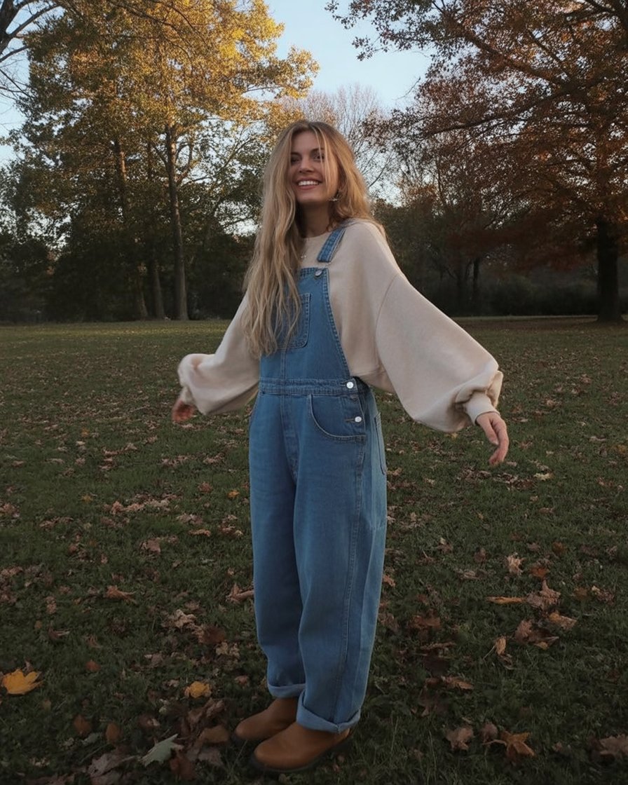 Denim Overalls with Cozy Knit
