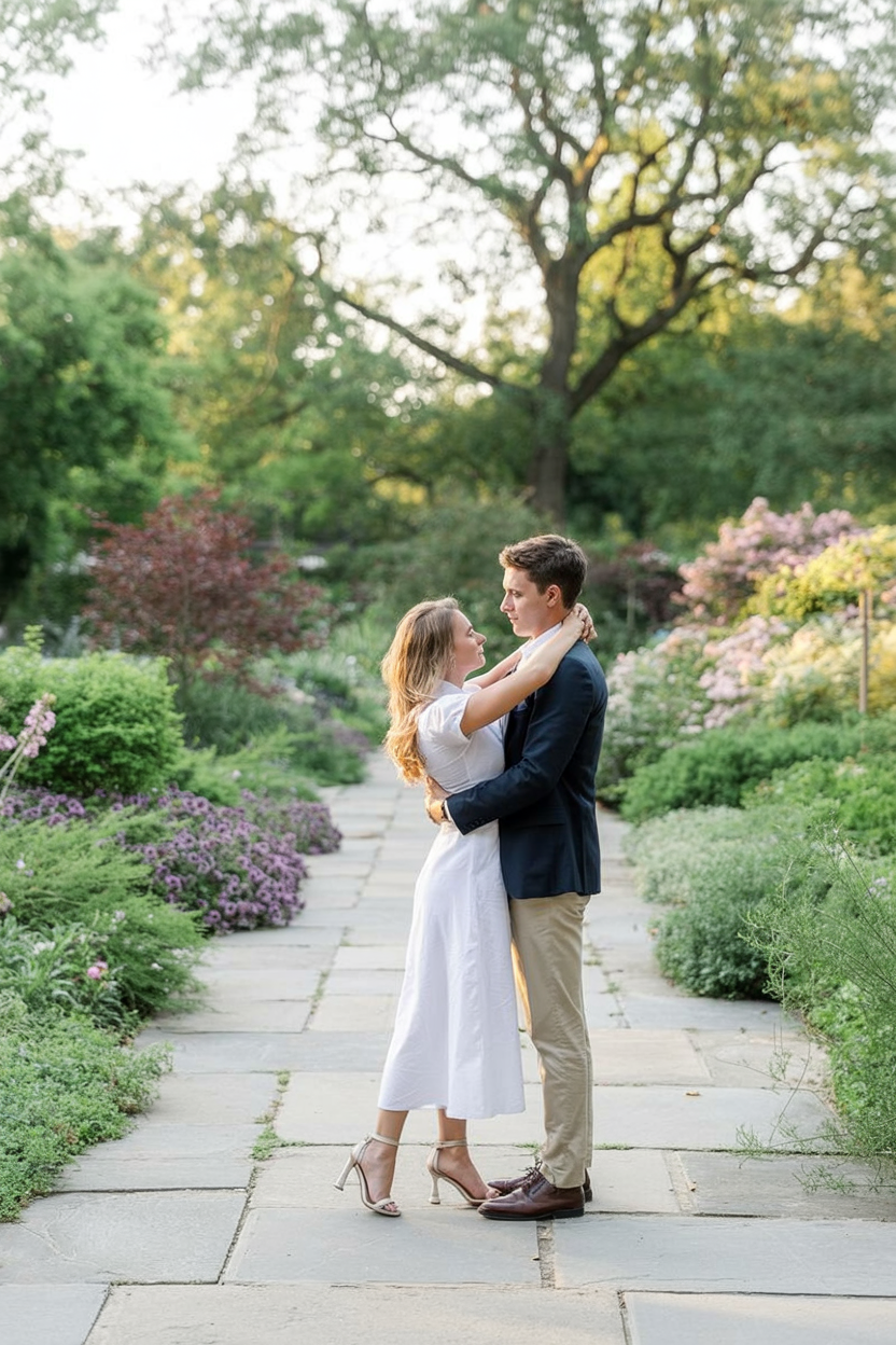 Flowing white midi dress for garden engagement photos