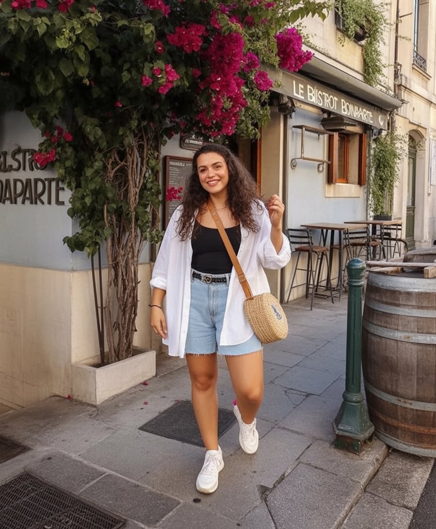 Linen shirt with denim shorts