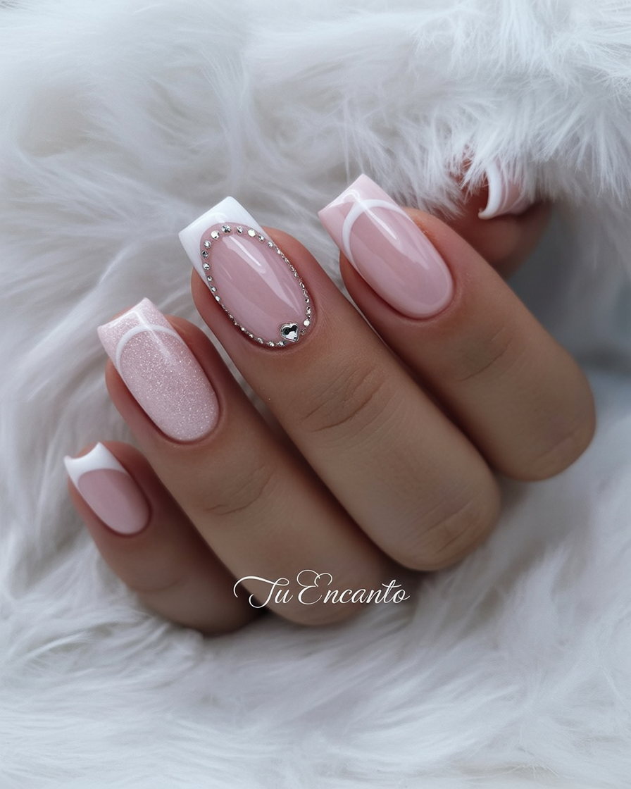 Crystal Oval Pink And White French Nails