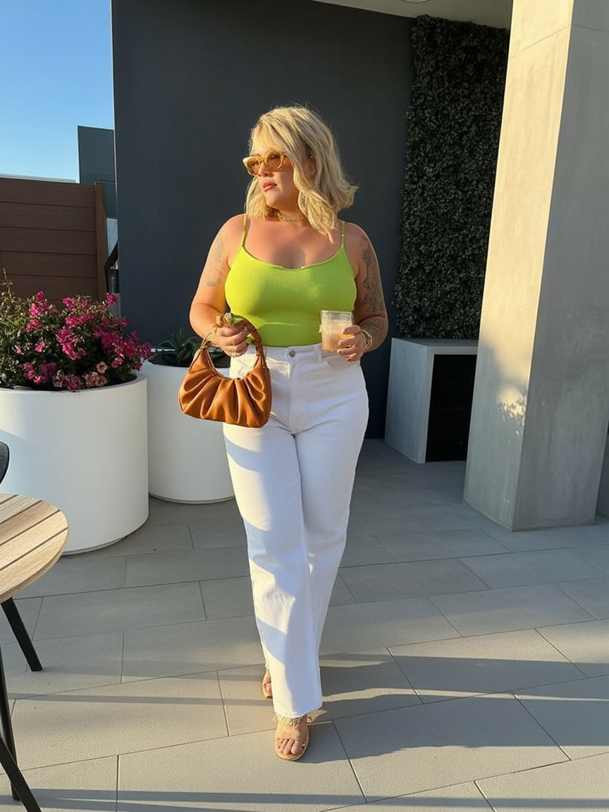 Green Tank with White Jeans
