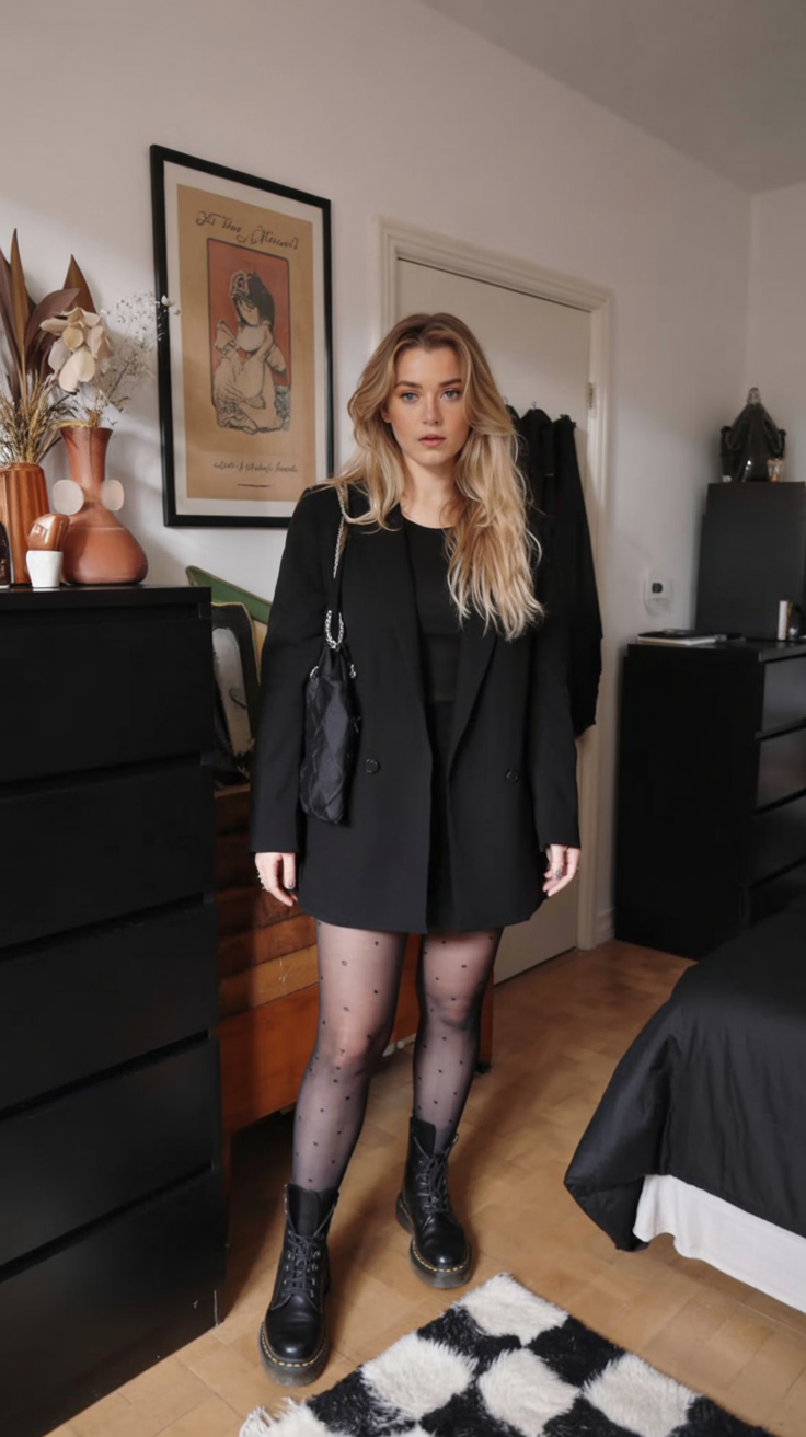 Black Blazer Dress with Dot Tights
