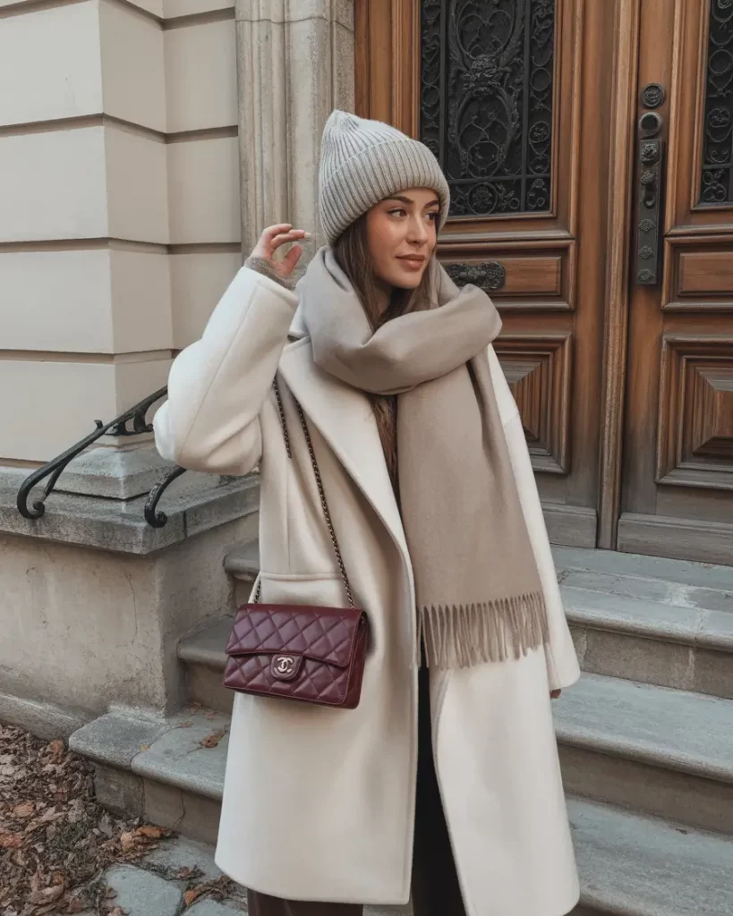 Ivory Coat with Burgundy Handbag
