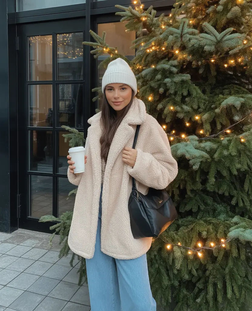 Beige Teddy Coat with Denim