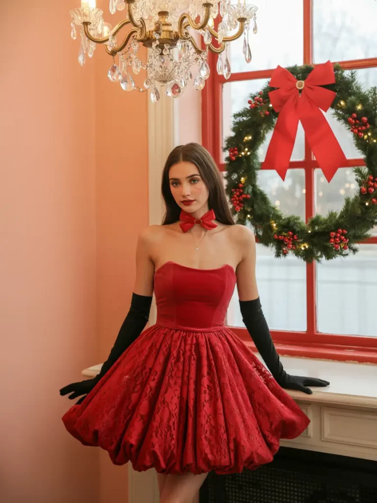 Red lace strapless dress