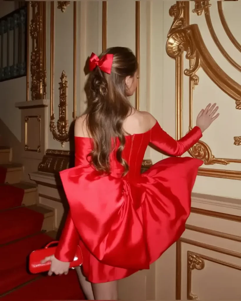 Off-the-shoulder satin dress with bow