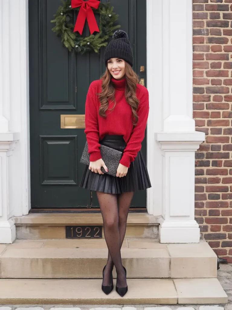 Red sweater with pleated skirt