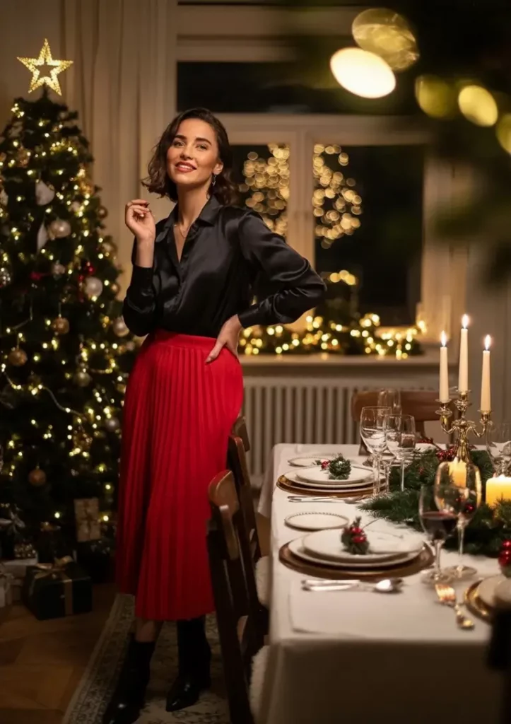 Black blouse and red skirt