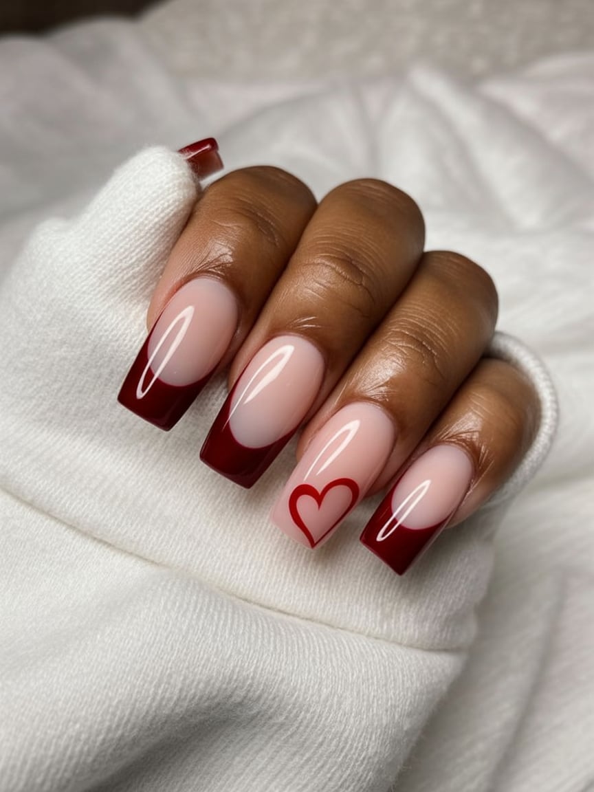 Dark red french tips with heart outline