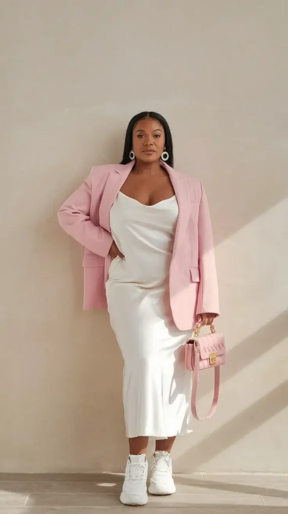 Pastel blazer and slip dress outfit
