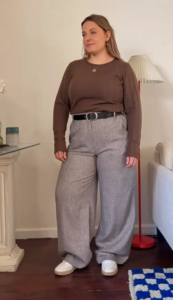 Olive ribbed top with wool trousers