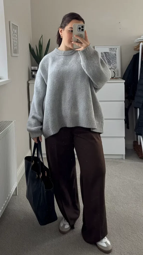 Heather gray knit with brown trousers