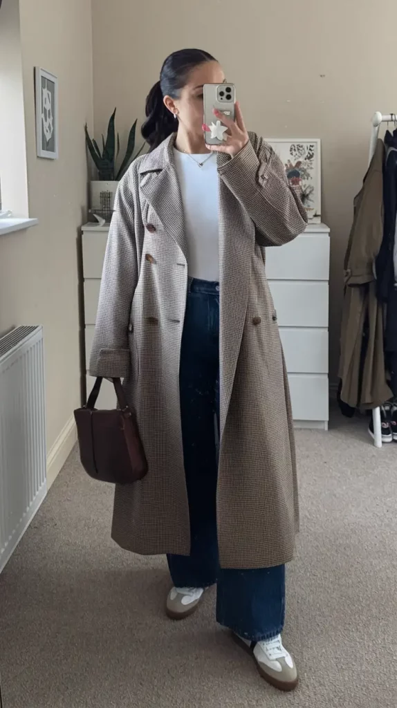 Checkered trench coat with jeans
