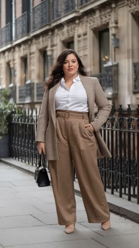 Camel trousers with white shirt and houndstooth blazer