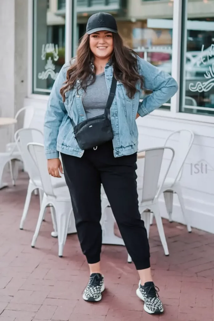 Joggers and denim jacket with leopard sneakers