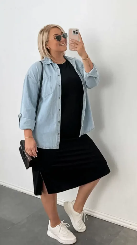 Black dress layered with denim shirt