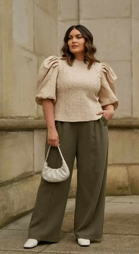 Beige puff sleeve blouse with olive trousers