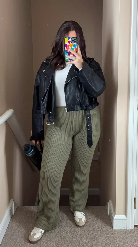 Ribbed pants and cropped moto jacket