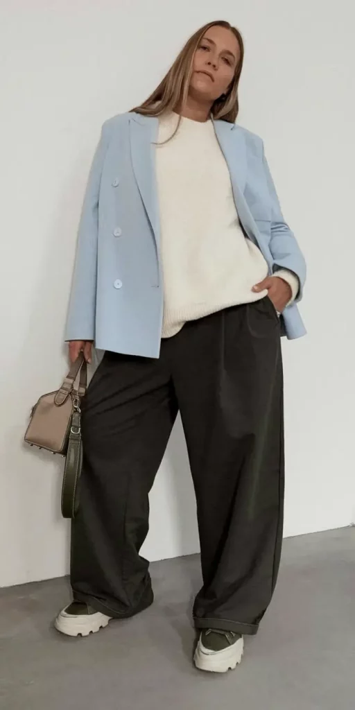 Powder blue blazer with charcoal trousers