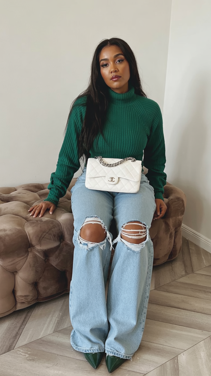 emerald turtleneck with jeans
