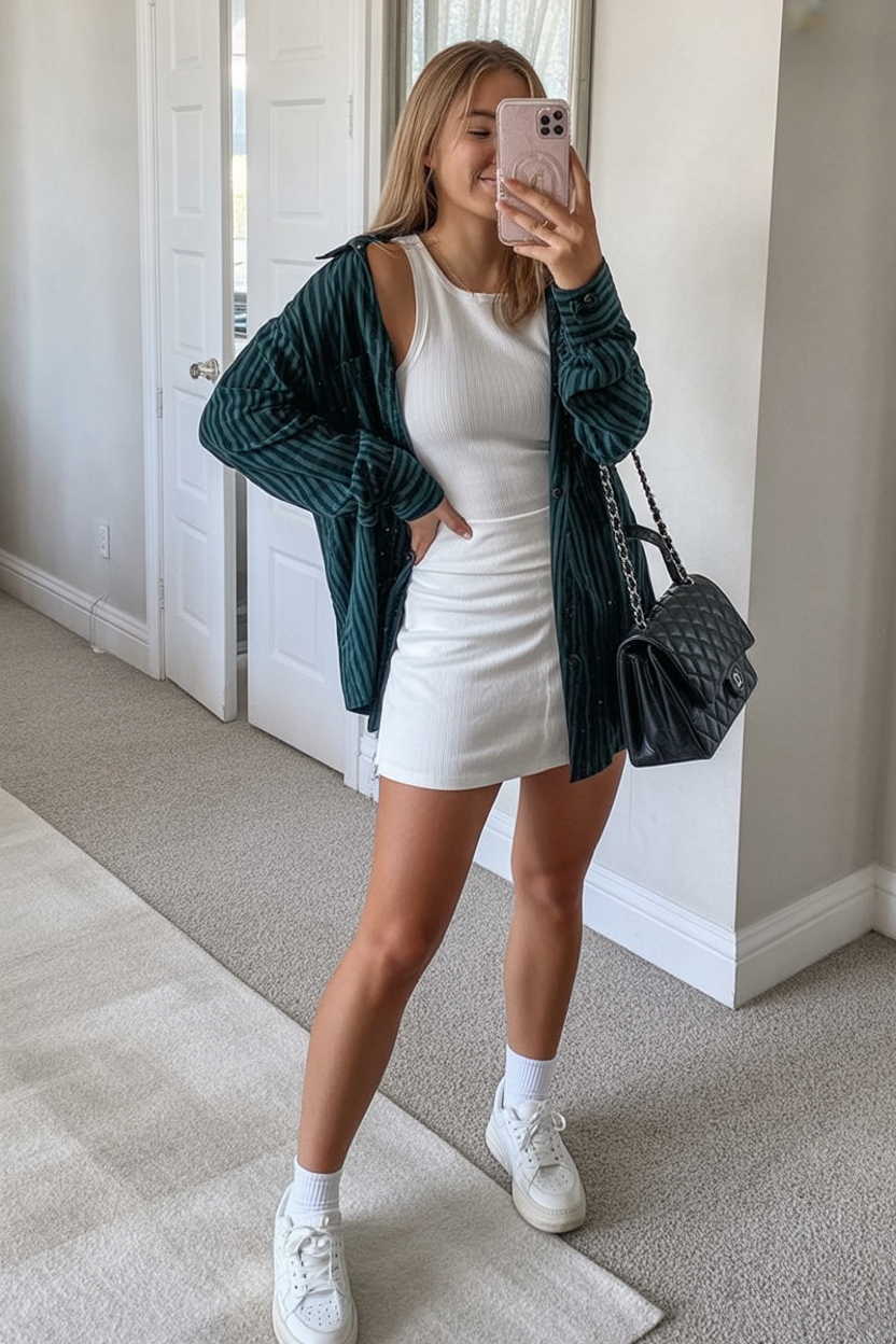 Casual White Mini Dress With Oversized Shirt