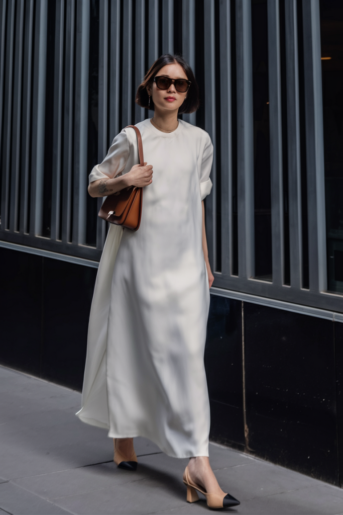Cream Satin Dress with Minimal Accessories