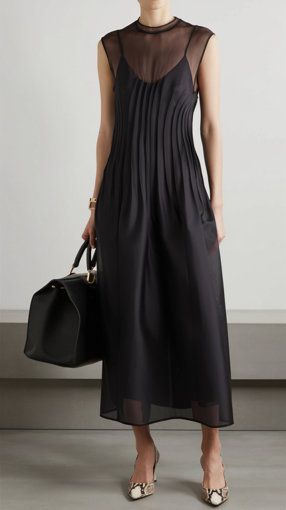 Black Pleated Dress with Sheer Details