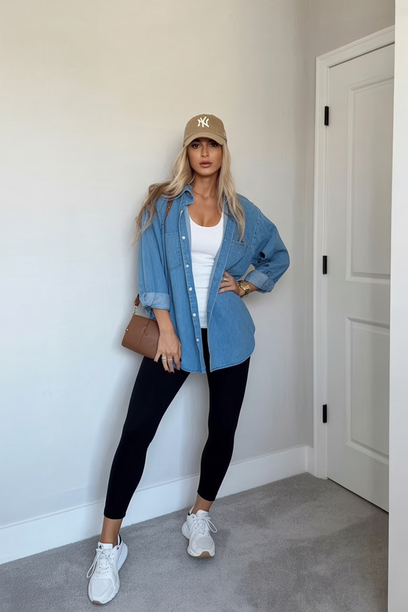 Relaxed Leggings with Denim Shirt