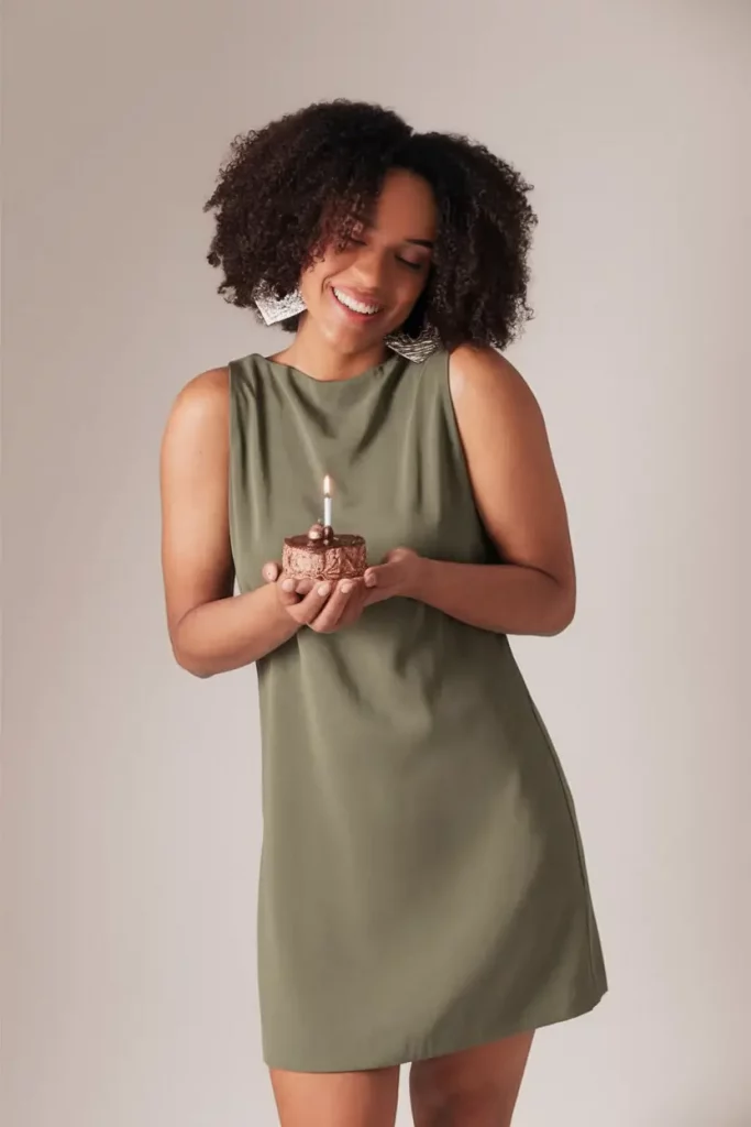 Olive high-neck sleeveless shift dress