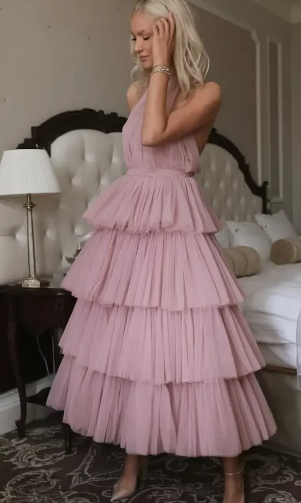 Dusty pink layered tulle halter dress