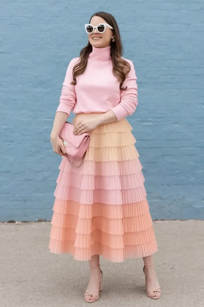 Pink turtleneck with peach pleated skirt