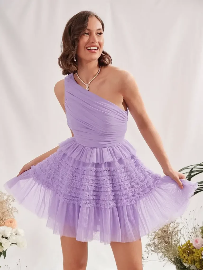 Lavender one-shoulder ruffle dress