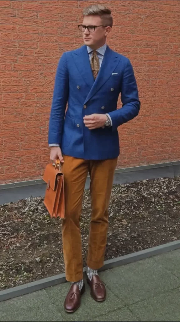 Sapphire blazer with corduroy trousers