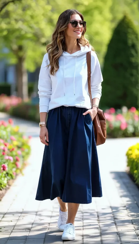 Navy midi skirt with white hoodie and sneakers
