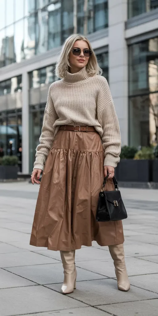 Light gray turtleneck with tan balloon skirt and cream boots