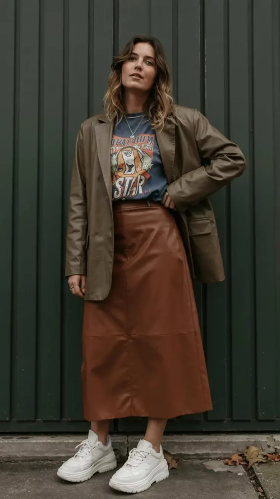Brown faux leather skirt with vintage tee and brown blazer