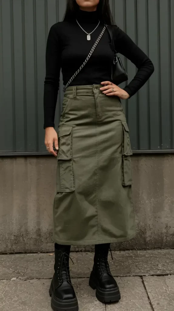 Olive cargo skirt with black turtleneck and combat boots