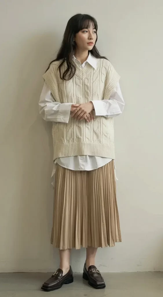 Cable-knit vest over white shirt with camel pleated skirt