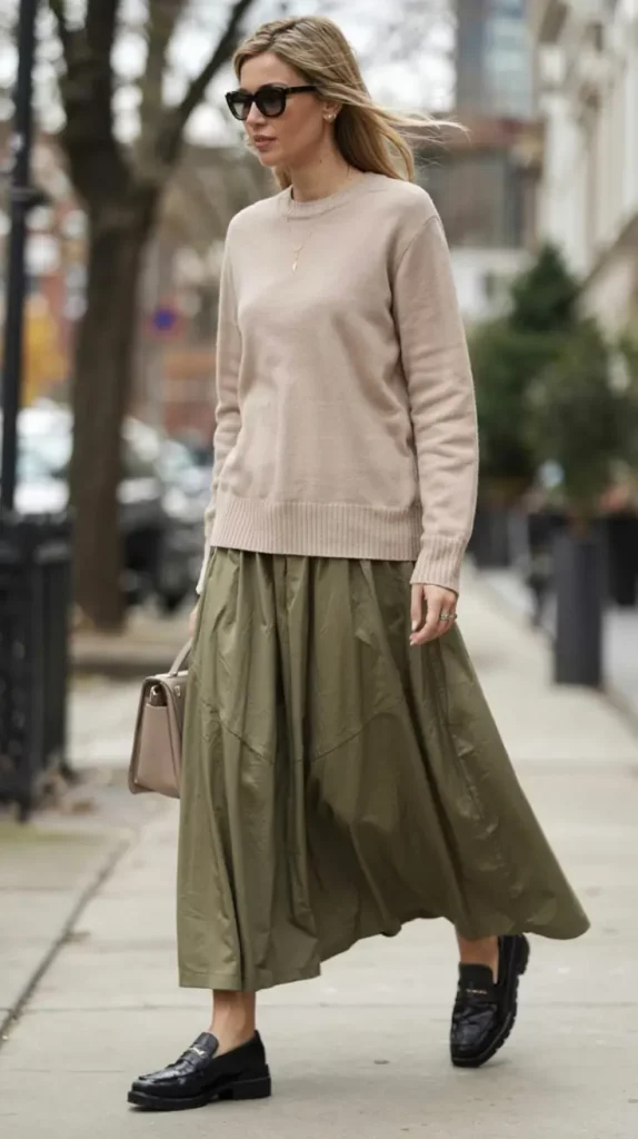 Blush pullover with olive maxi skirt and black loafers
