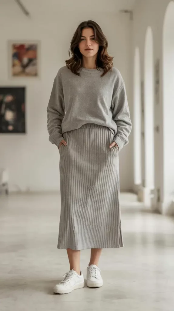 Grey knit midi skirt and oversized sweater set