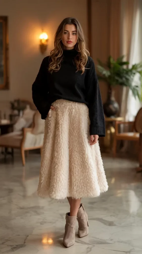 Cream faux fur skirt with black chunky sweater