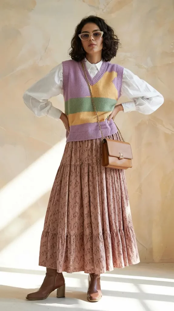 Pastel sweater vest over white blouse and brown tiered maxi skirt