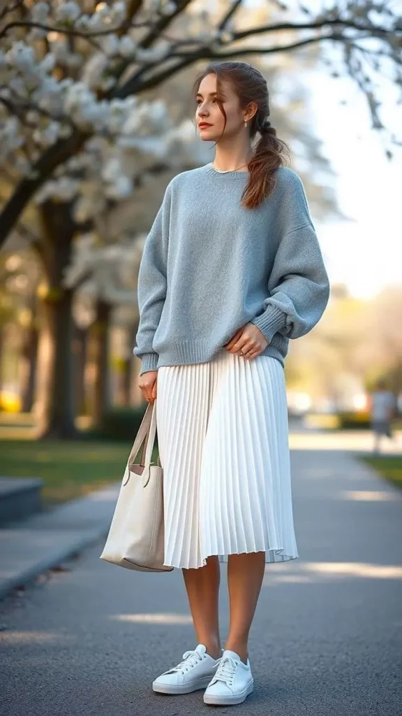 White pleated skirt with blue-gray sweater