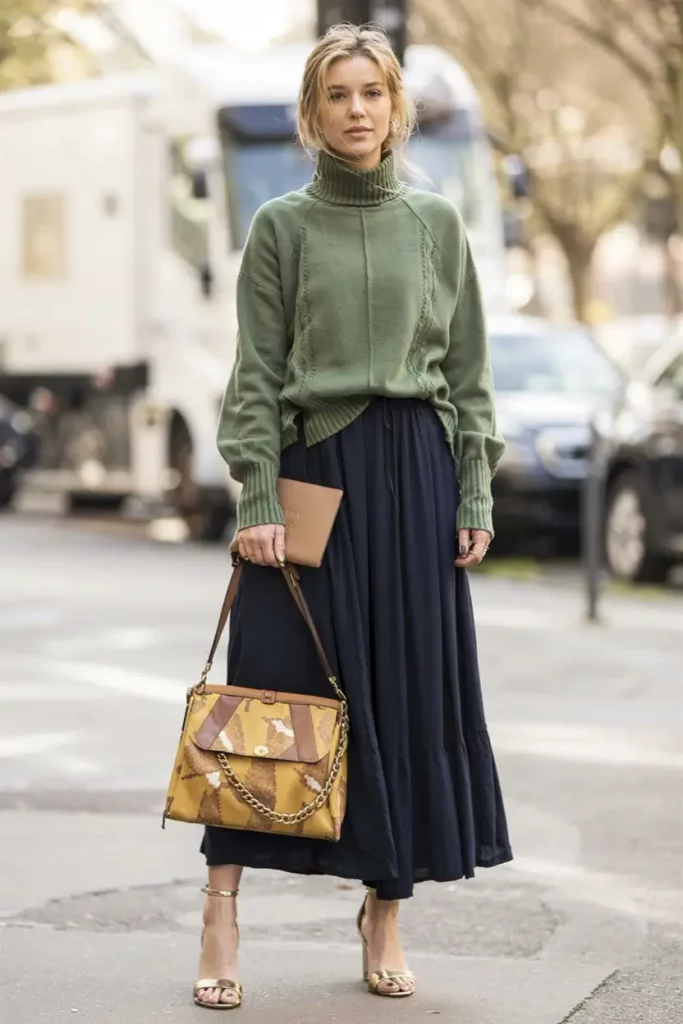 Oversized olive turtleneck with navy flowing maxi skirt