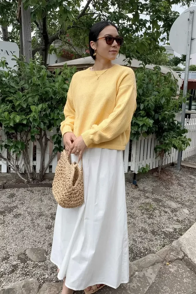 White maxi skirt with yellow knit sweater