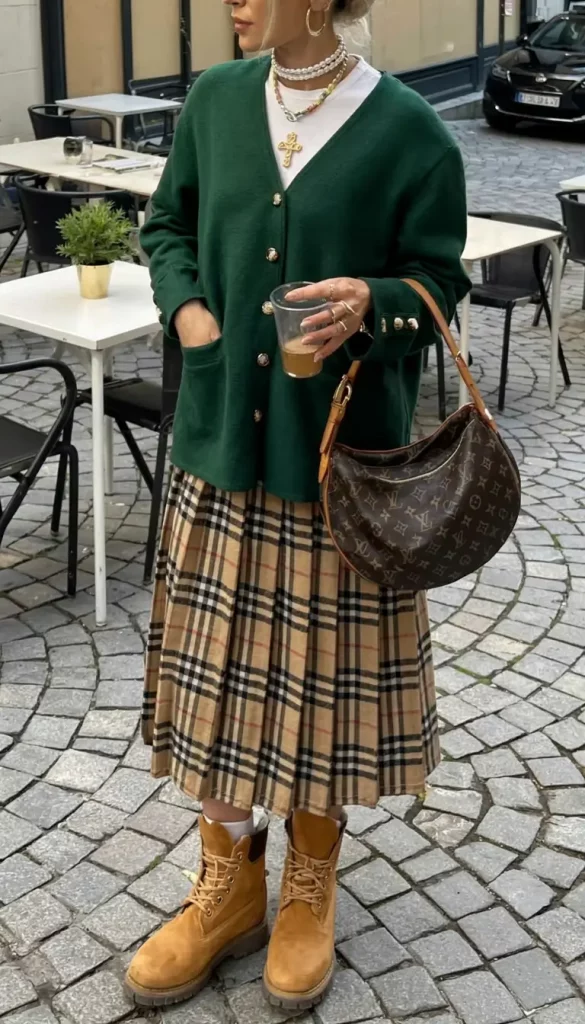 Emerald cardigan with pleated checkered skirt and tan boots