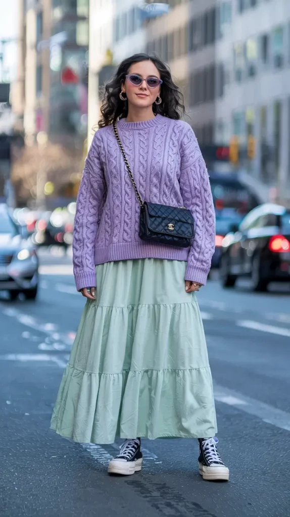 Lavender cable-knit sweater with olive tiered maxi skirt