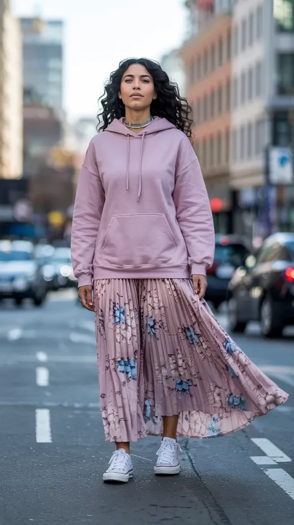 Blush hoodie paired with floral maxi skirt and Converse sneakers
