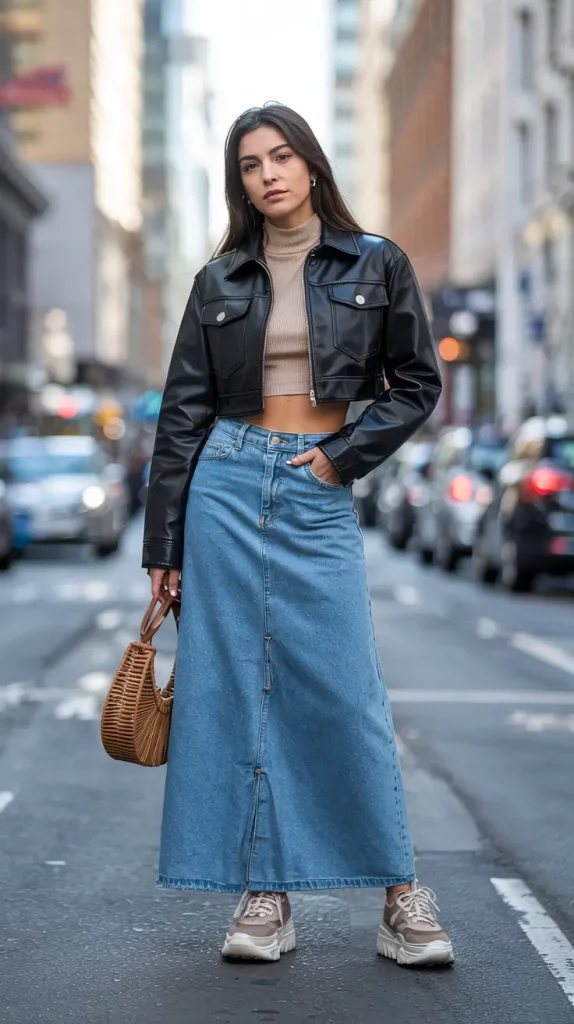 Long denim skirt with cropped leather jacket and platform sneakers